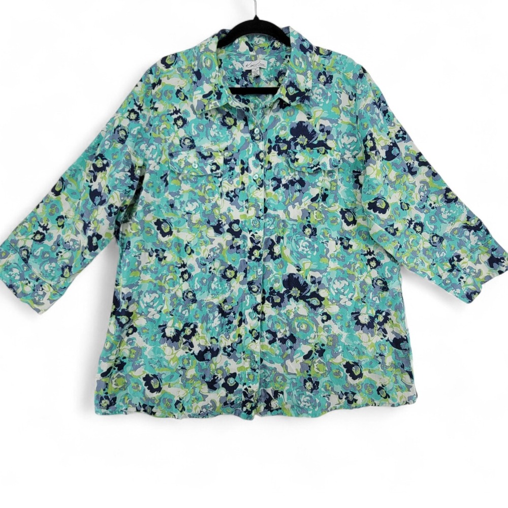 Kim Rogers‎ Woman Floral Button Down 3/4 Sleeve Shirt Top Blue Green 1X